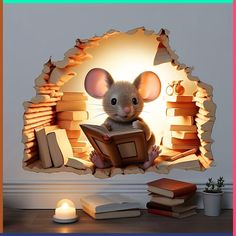 a little mouse reading a book through a hole in the wall with books on it