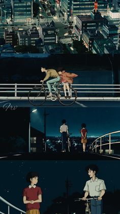 two people riding bikes in front of a city at night and one person on a bicycle