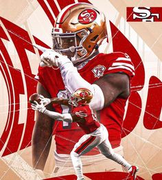 two football players are holding hands in front of a red and white background with the words san francisco on it