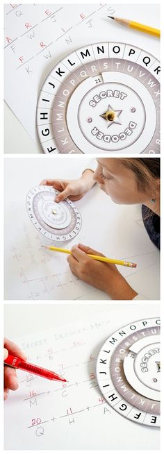 three pictures showing how to make a clock out of paper with scissors and pencils