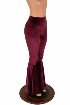 Burgundy Wine Velvet Bell Bottom Flares Leggings with High Waist & Stretchy Spandex Fit Maroon Cozy Cheap High Stretch Tops With Letter Print, Fitted Burgundy Pants For Party, Burgundy Fitted Pants For Parties, Burgundy Bottoms For Fall Party, Fitted Burgundy Winter Bottoms, Burgundy Party Bottoms For Fall, Fall Party Burgundy Bottoms, Stretch Burgundy Bottoms For Party, Stretch Burgundy Pants For Party