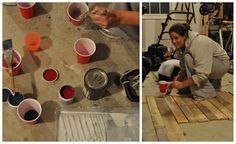 two pictures of people painting cups on wooden pallets