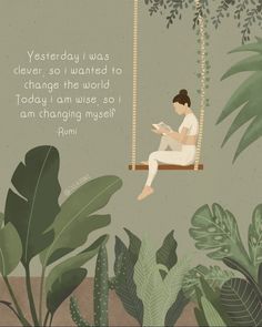 a woman sitting on a swing reading a book in the middle of some tropical plants