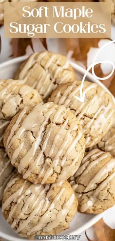 A plate of soft maple cookies glazed with maple icing. Crumbl Cookie Copycat Maple Glaze, Hooty Creek Cookies, Maple Glaze Crumbl Cookie, Maple Extract Cookies, Canadian Maple Cookies Recipe, Thanksgiving Biscuits Recipe, Cookies For Thanksgiving Dinner, Maple Glaze Cookies, Maple Iced Cookies