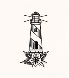 a black and white drawing of a lighthouse with flowers on the bottom half of it