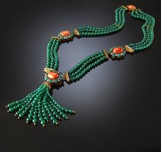 Sautoir set with agate, coral and brilliant-cut diamonds ESTER Neck Pieces Jewelry, Gold Necklace Indian Bridal Jewelry, Tassel Jewelry, Coral Necklace, Creative Jewelry, Gold Jewelry Fashion, Jewelry Patterns