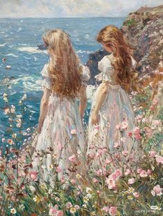 two girls in white dresses standing on the edge of a cliff overlooking the ocean with pink flowers