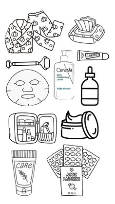 a black and white drawing of various items to be used in the makeup routine for kids