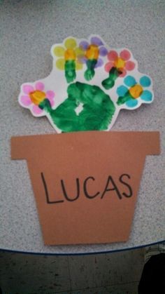 a handprinted cactus in a flower pot with the word lucas written on it