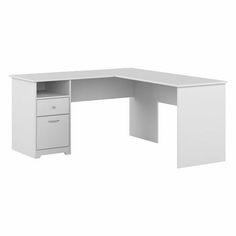 an l shaped desk with two drawers on the left and right sides, in white