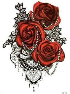 three red roses with pearls and lace on the stems are shown in this tattoo design