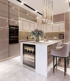 a modern kitchen with an island and wine rack in the center, surrounded by chairs