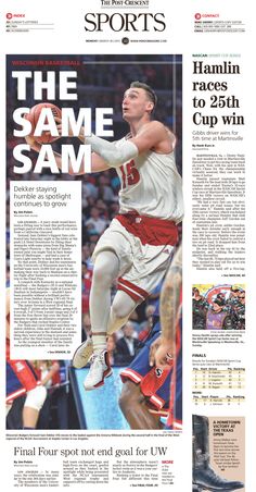 the front page of sports magazine with an image of a basketball player in mid air