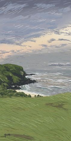 an image of a painting of sheep grazing on the grass by the ocean at sunset