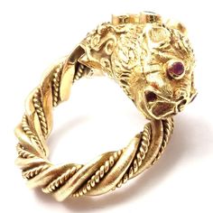 Authentic! Ilias Lalaounis Chimera 18k Yellow Gold Emerald Ruby Band Ring Metal: 18k Yellow Gold Size: 3.5 Width: From 15mm To 5mm Weight: 16 Grams Stone:5 Round Emeralds 2 Round Rubies In The Eyes Hallmarks: Lalaounis A21 750 T2679mmld Ruby Band Ring, Ruby Bands, Vintage Designer Jewelry, Eye Details, Gold Band Ring, 18k Yellow Gold Ring, Ring Color, Ring Metal, Ruby Ring