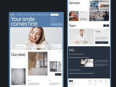 two screens showing the same website page as well as an image of a woman smiling