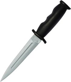 a knife with a black handle is shown