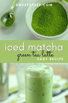 green matcha latte recipe with text overlay