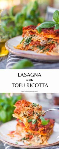 lasagna and tofu ricotta on a plate with basil garnish