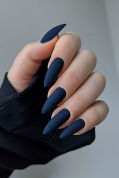 Matt Dark Blue Nails, Matt And Glossy Nails, Matte Blue Nails Design, Matt Nail Ideas, Blue Matt Nails, Dark Blue Matte Nails, Matte Dark Blue Nails, Blue Matte Nails Design, Matte Navy Nails