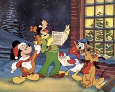 mickey mouse and other cartoon characters in front of a christmas tree with snow falling on the ground