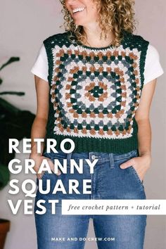 a woman standing in front of a potted plant wearing a granny granny square vest