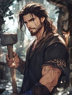 a man with long hair holding an ax