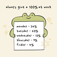 a cartoon frog holding up a sign that says, always give a 100 % at work