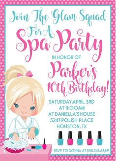 Spa Birthday Party Invitations Spa Party Invites For Kids, Barbie Spa Birthday Party, Spa Birthday Party Invitations, Hot Pink And Turquoise, Spa Party Invitations, Slumber Party Invitations, Spa Birthday Party, Spa Party Favors, Birthday Party Invitations Free