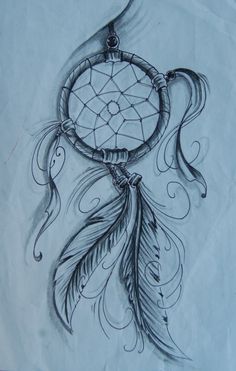 a drawing of a dream catcher with feathers