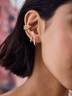 Build an instant ear stack with the Blythe Earring Set. Available with either shimmering glass stones or a classic gold finish, this set is complete with two dainty Huggies and one ear cuff (no piercing required). Wear them all together or mix and match to suit your vibe. Stacked Earrings Gold, Elegant Gold Plated Hypoallergenic Ear Cuff, Elegant Hypoallergenic Gold-plated Ear Cuff, Elegant Gold-plated Hypoallergenic Ear Cuff, Elegant Hypoallergenic Gold Plated Ear Cuff, Wedding Earring Stack, Gold Ear Stack, Gold Earring Set, Earring Stacks