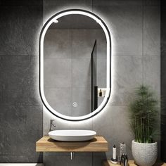 a bathroom with a sink, mirror and potted plant on the counter in front of it