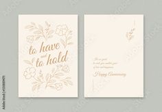 two greeting cards with gold foil lettering and floral designs on them, one has the words to