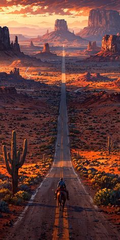 a person riding a horse down a road in the desert with mountains and cactuses