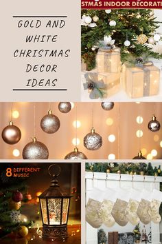 christmas decorations and presents hanging from the ceiling, with text overlay that reads gold and white christmas decor ideas