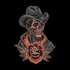 a skull wearing a cowboy hat and holding a rose in his hand, on a black background