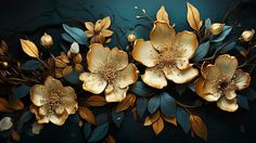 an artistic painting of gold flowers and leaves on a blue background with dark green foliage