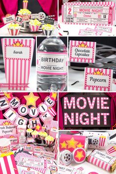 pink and white movie night party with popcorn boxes, water bottle, cupcakes and candy