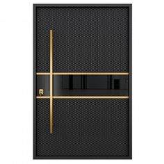 a black and gold door with two bars on each side, in front of a white background