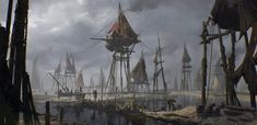 a bunch of ships that are sitting in the water by some docks and buildings with sails on them