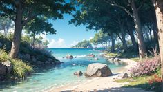 a painting of trees, rocks and water on a sunny day by the beach with pink flowers