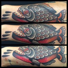 two fish tattoos on both arms and legs, one with an orange stripe in the middle