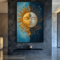 the sun and moon are depicted in this modern art piece, which is on display