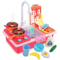 a toy kitchen with pots and pans on the stove top, utensils and cups