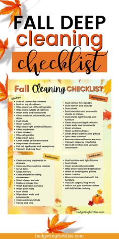 the fall cleaning checklist is shown in orange and white with leaves on it,