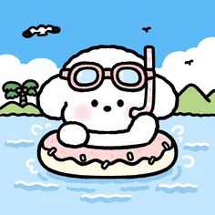 a drawing of a dog wearing goggles floating on an inflatable object