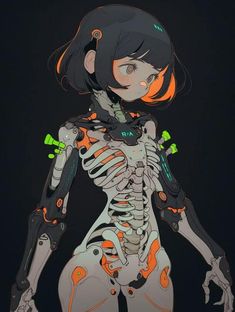 an animated skeleton girl with orange hair and black eyes is standing in front of a dark background