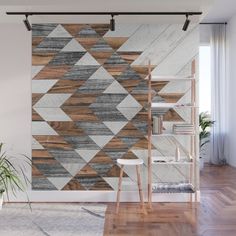 an abstract wooden wall mural in a living room