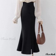 Olivia Mark - High-Waisted Black Mermaid Skirt with Long Hemline and Figure-Flattering Fit Black Mermaid Skirt, Stylish Midi Skirt, Black Midi Pencil Skirt, Elegant Midi Skirt, Black A Line Skirt, Black Fish, Elegant Outfit Classy, Black Mermaid, Fishtail Skirt