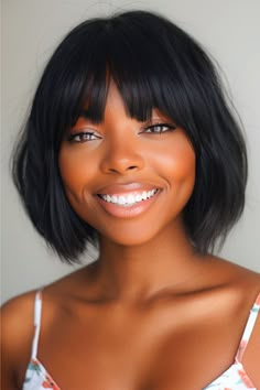 Bob with Bangs Short Hairstyle For Black Women. Haircut Ideas Brown Hair, Best Short Hair, Style Of Hair, Short Weave Hairstyles, Short Hairstyles For Black Women, Bob Hair Styles, Ideas Haircut, Night Hairstyles